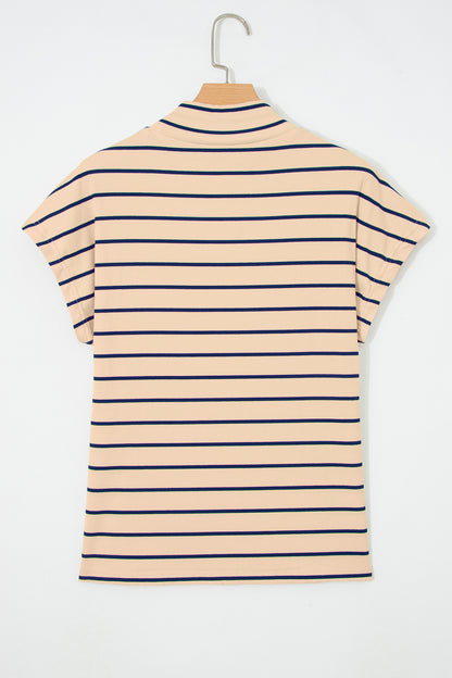 Khaki Stripe Mock Neck Short Sleeve Loose Top