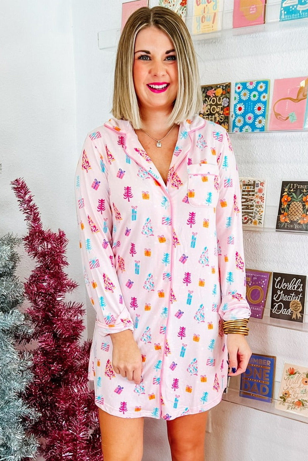 Pink Christmas Twinkle Tree Print Shirt Sleep Dress - Snoopy's Closet