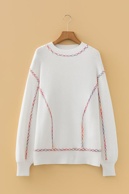White Rainbow Stitching Balloon Sleeve Relaxed Sweater - Snoopy's Closet