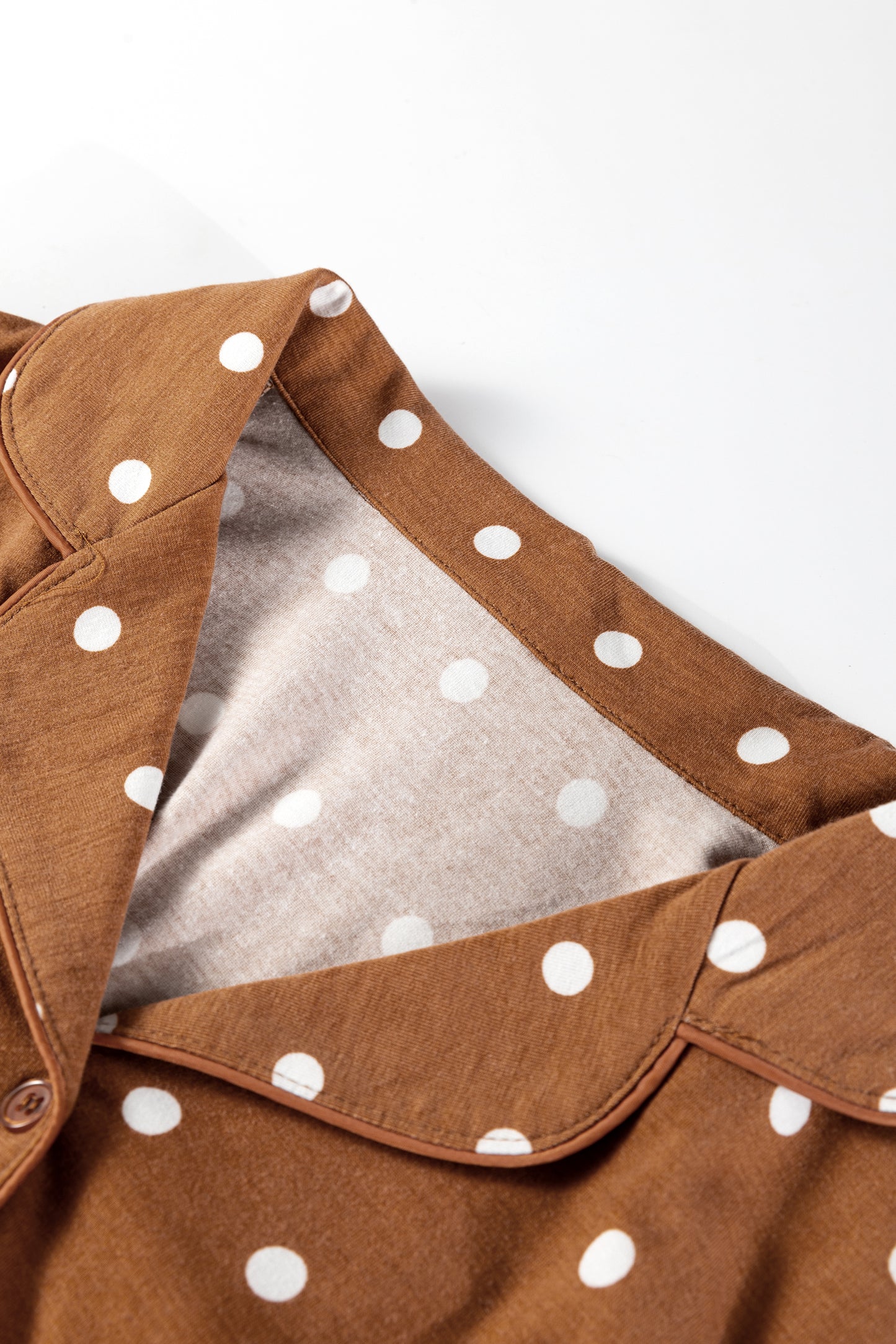 Brown Polka Dot Print Long Sleeve Shirt Pant 2pcs Pajama Set - Snoopy's Closet