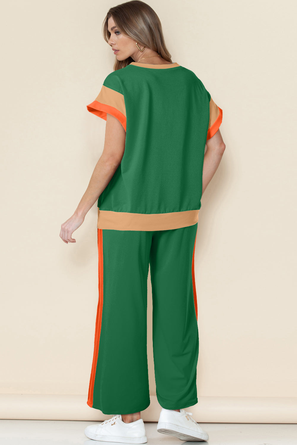 Dark Green Color Block Detail Casual Two-piece Set - Snoopy's Closet