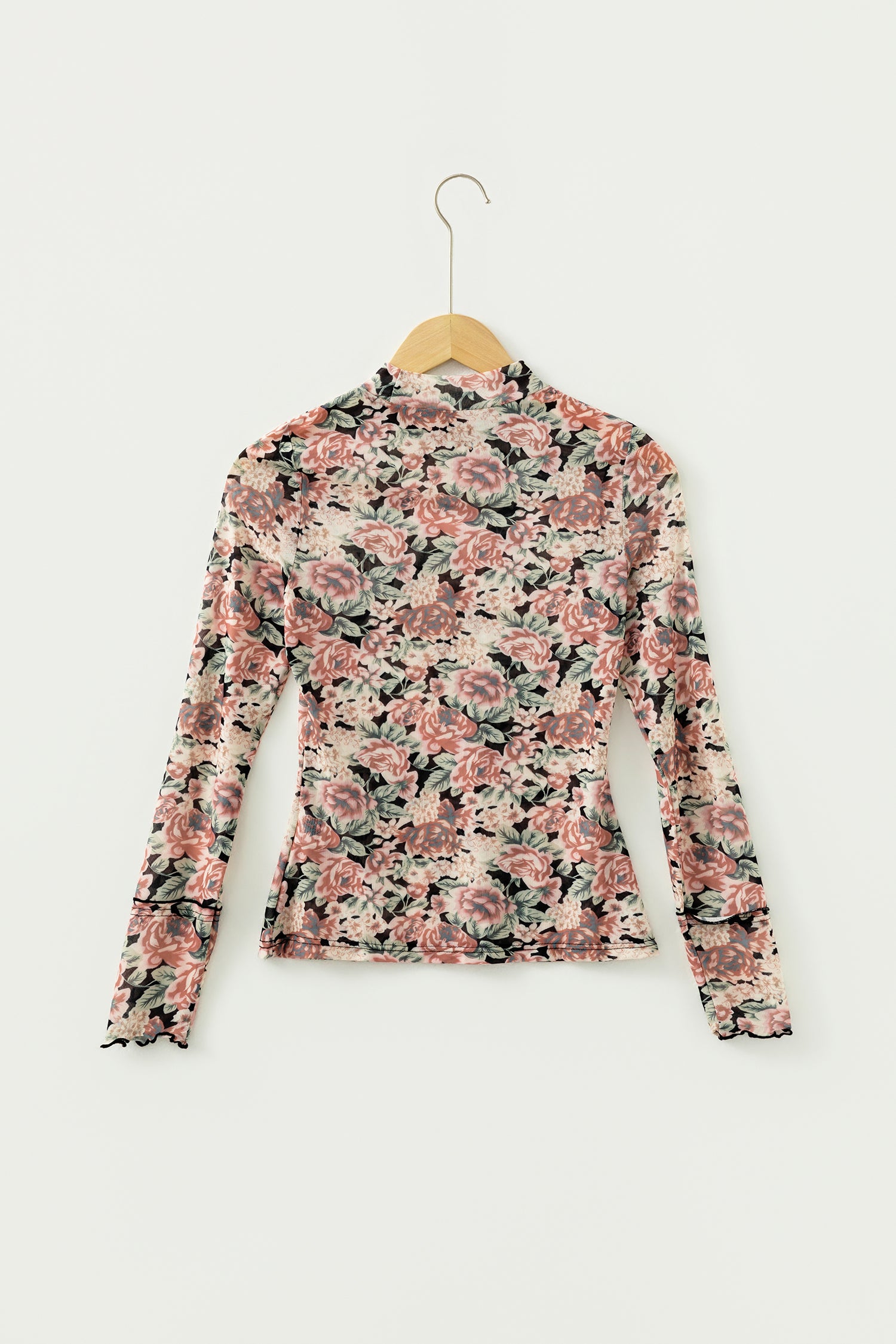 White Retro Floral Print Mock Neck Mesh Long Sleeve Top - Snoopy's Closet