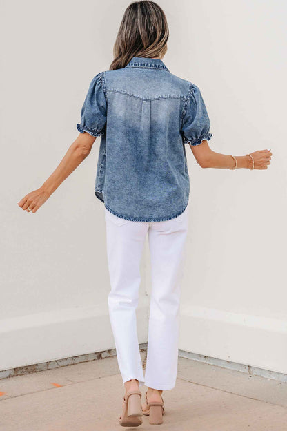 Beau Blue Frilled Short Sleeve Snap Button Denim Shirt