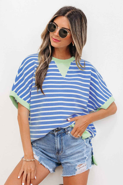 Pink Stripe Contrast Trim Loose Short Sleeve Top