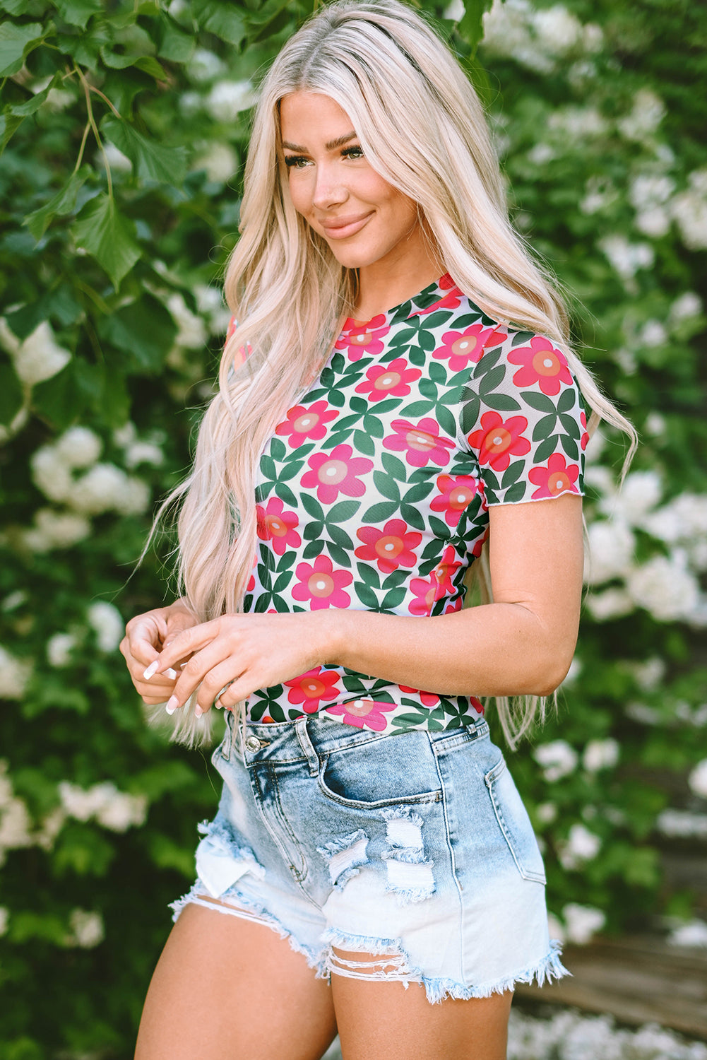 Fiery Red Retro Floral Print Crew Neck T Shirt - Snoopy's Closet