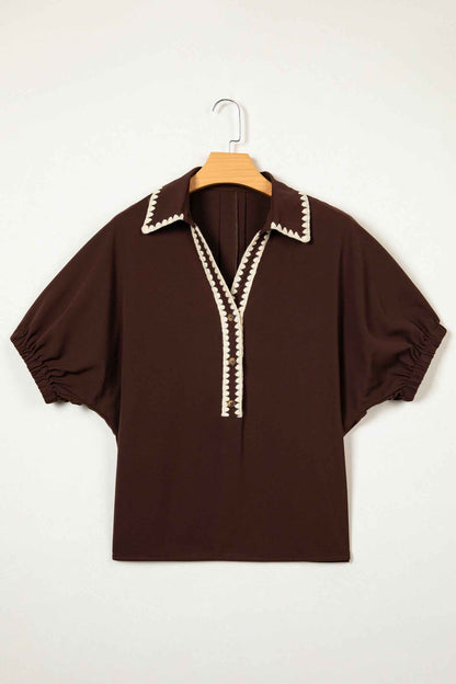 Coffee Shirt Collar Contrast Trim Button V Neck Short Sleeve Blouse
