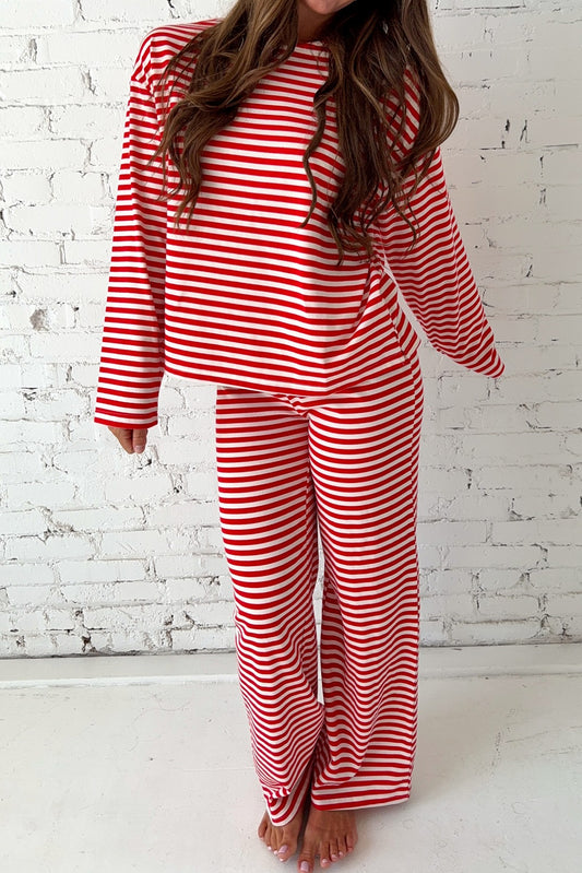 Red Stripe Drop Shoulder Long Sleeve Top Lounge Pants 2pcs Set - Snoopy's Closet