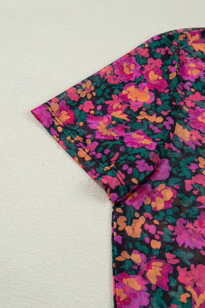 Rose Retro Floral Printed Mesh Short Sleeve Top - Snoopy's Closet