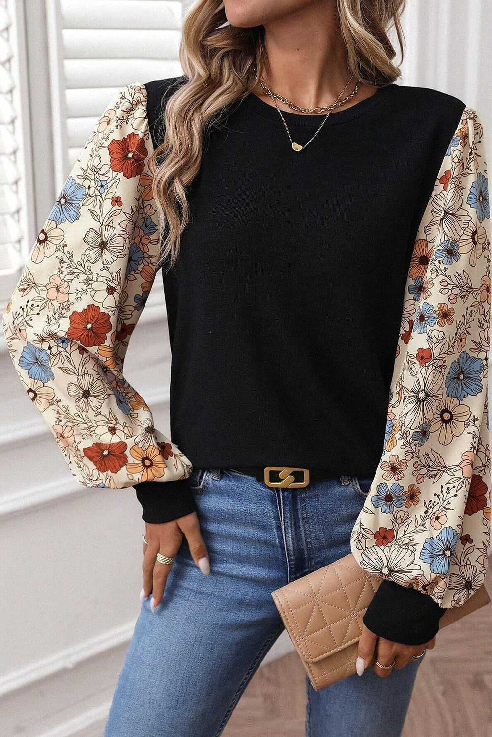 Apricot Flower Puff Sleeve Patchwork Top - Snoopy's Closet