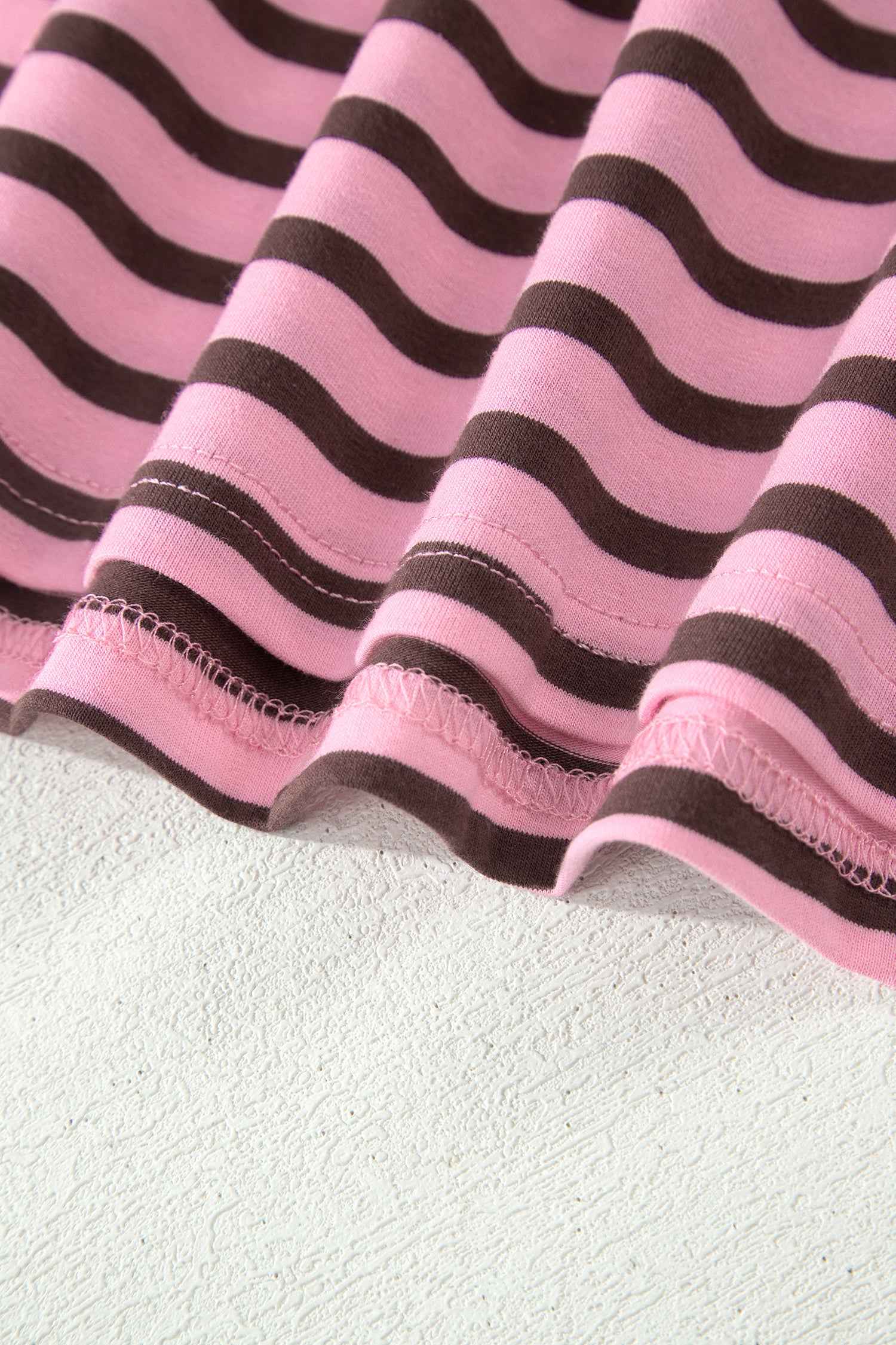 Rose Stripe Striped V-Neck Ribbed Collar Cuff Gathering Puff Sleeve Top