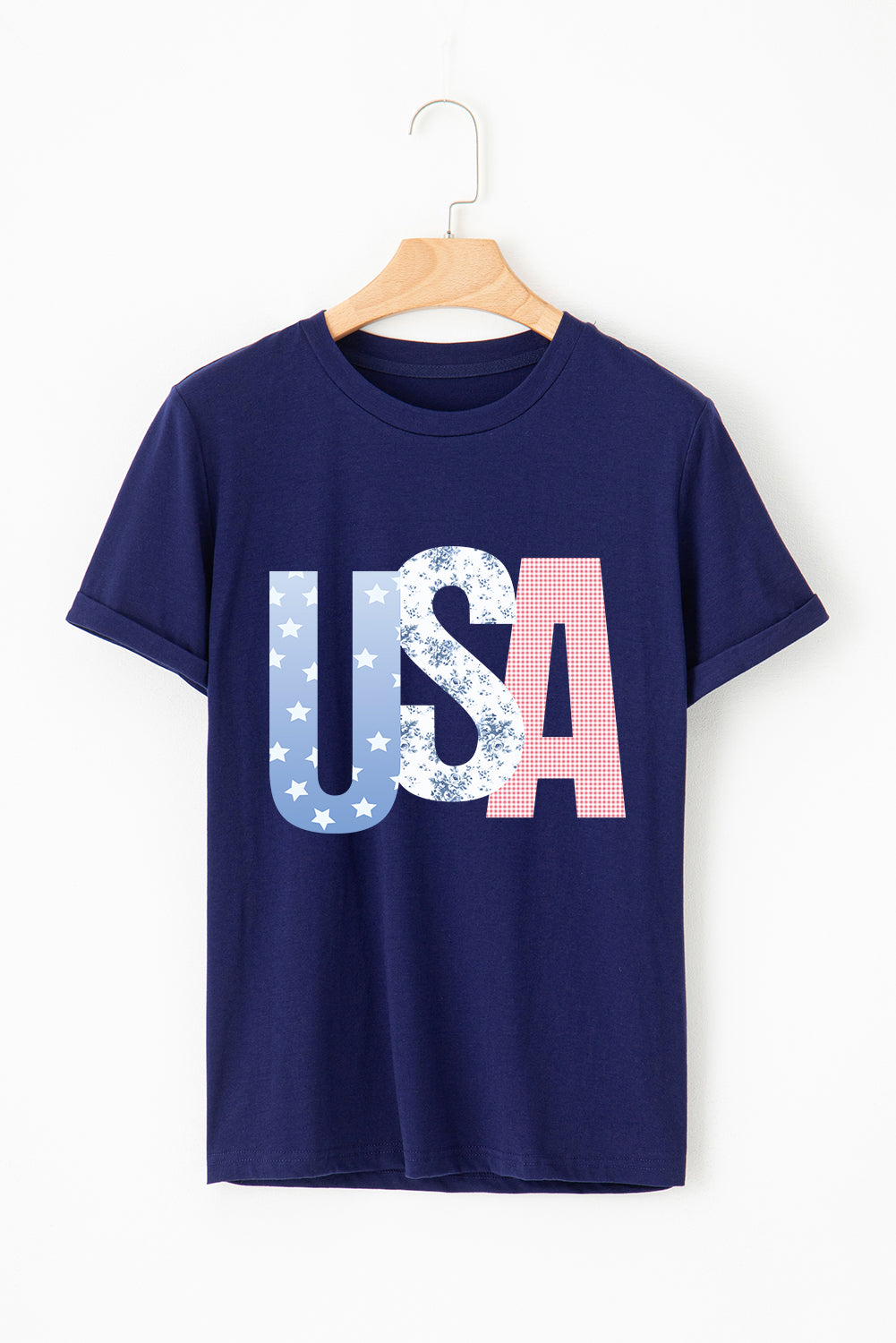 Camiseta de cuello redondo azul con gráfico de EE. UU. del 4 de julio