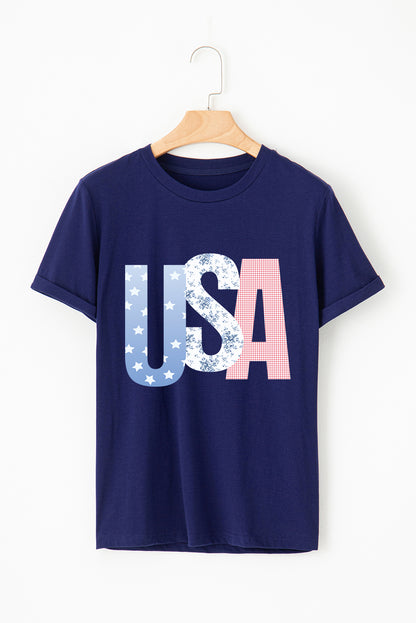 Camiseta de cuello redondo azul con gráfico de EE. UU. del 4 de julio