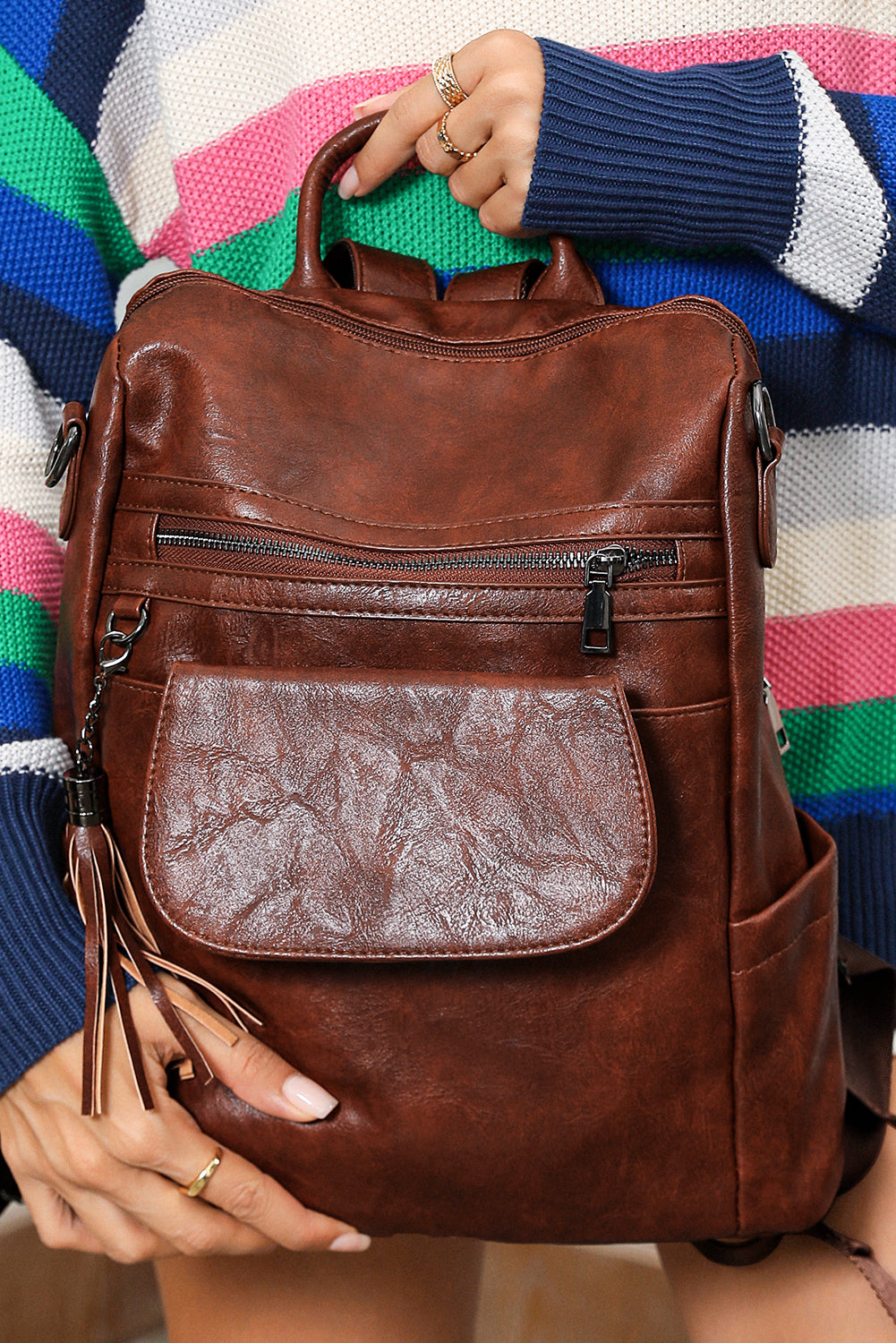 Dark Brown Tassel Decor Retro PU Large Capacity Backpack - Snoopy's Closet