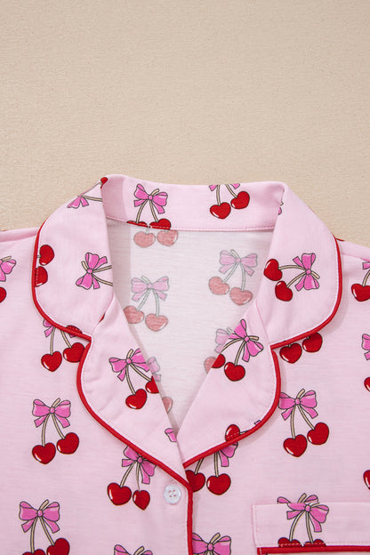 Pijama corto con estampado de cerezas/lazos rosas
