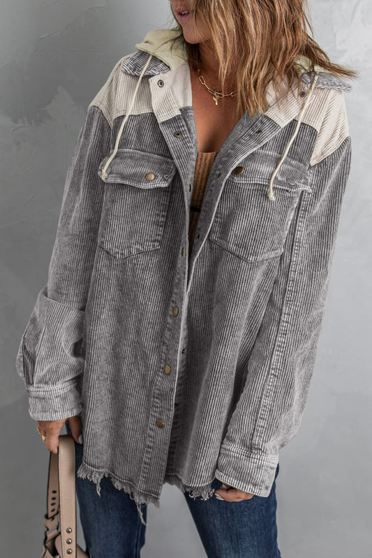 Gray Color Block Button Down Hooded Corduroy Jacket - Snoopy's Closet