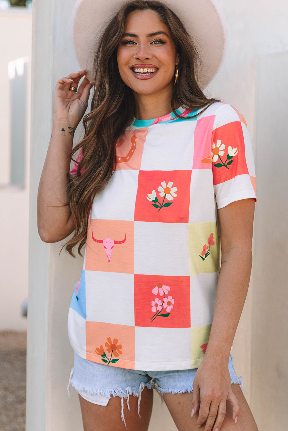 Orange Western Fashion Checker Print Crewneck T Shirt - Snoopy's Closet