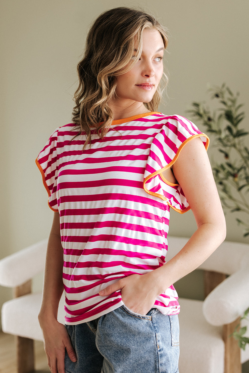 Rose Red Striped Ruffle Sleeve Crew Neck Blouse - Snoopy's Closet