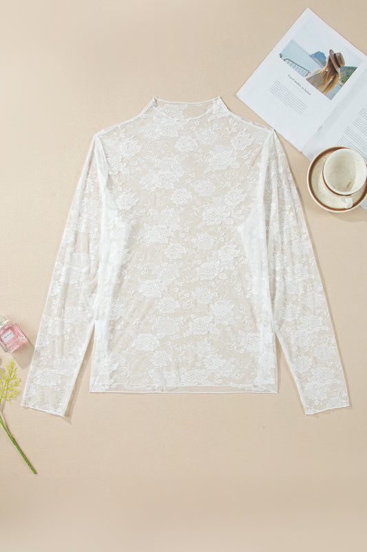 White Plus Size Floral Mesh Long Sleeve Top - Snoopy's Closet