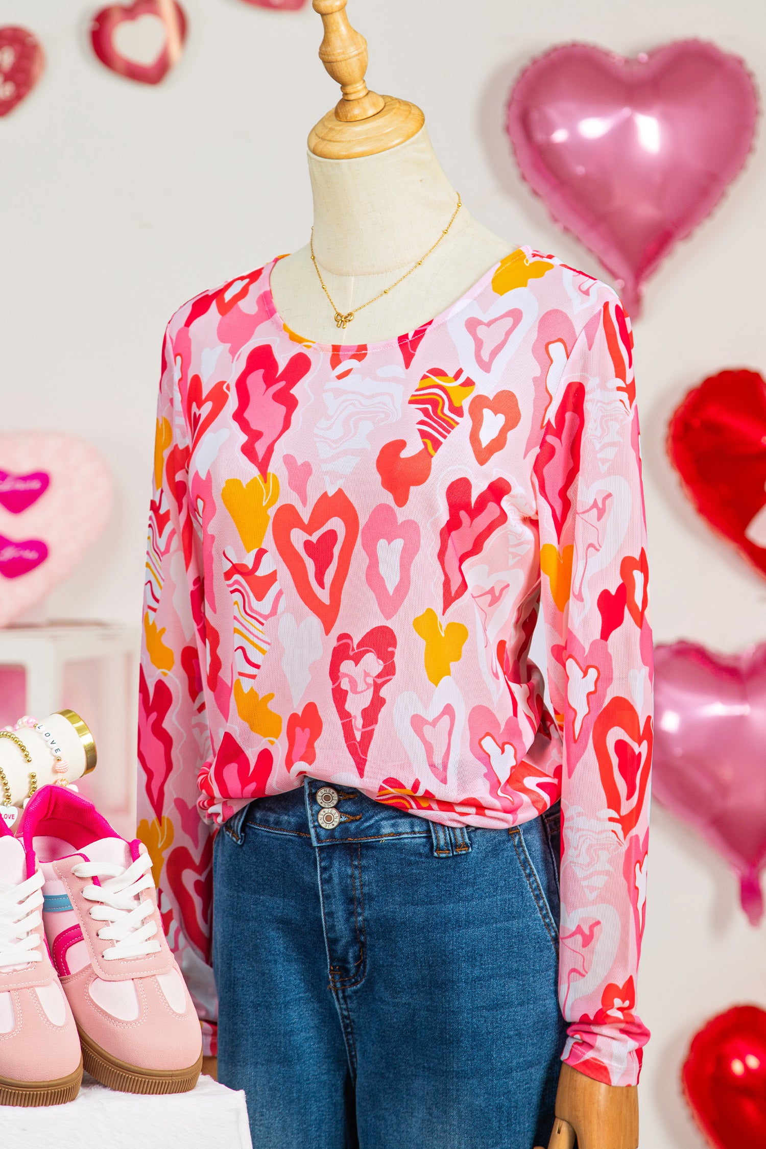 Rose Valentine Heart Mesh Long Sleeve Top - Snoopy's Closet