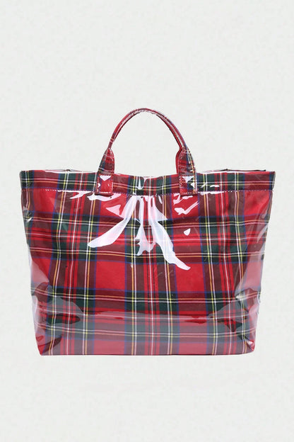 Bolso tote impermeable brillante de PVC con patrón a cuadros rojo fuego