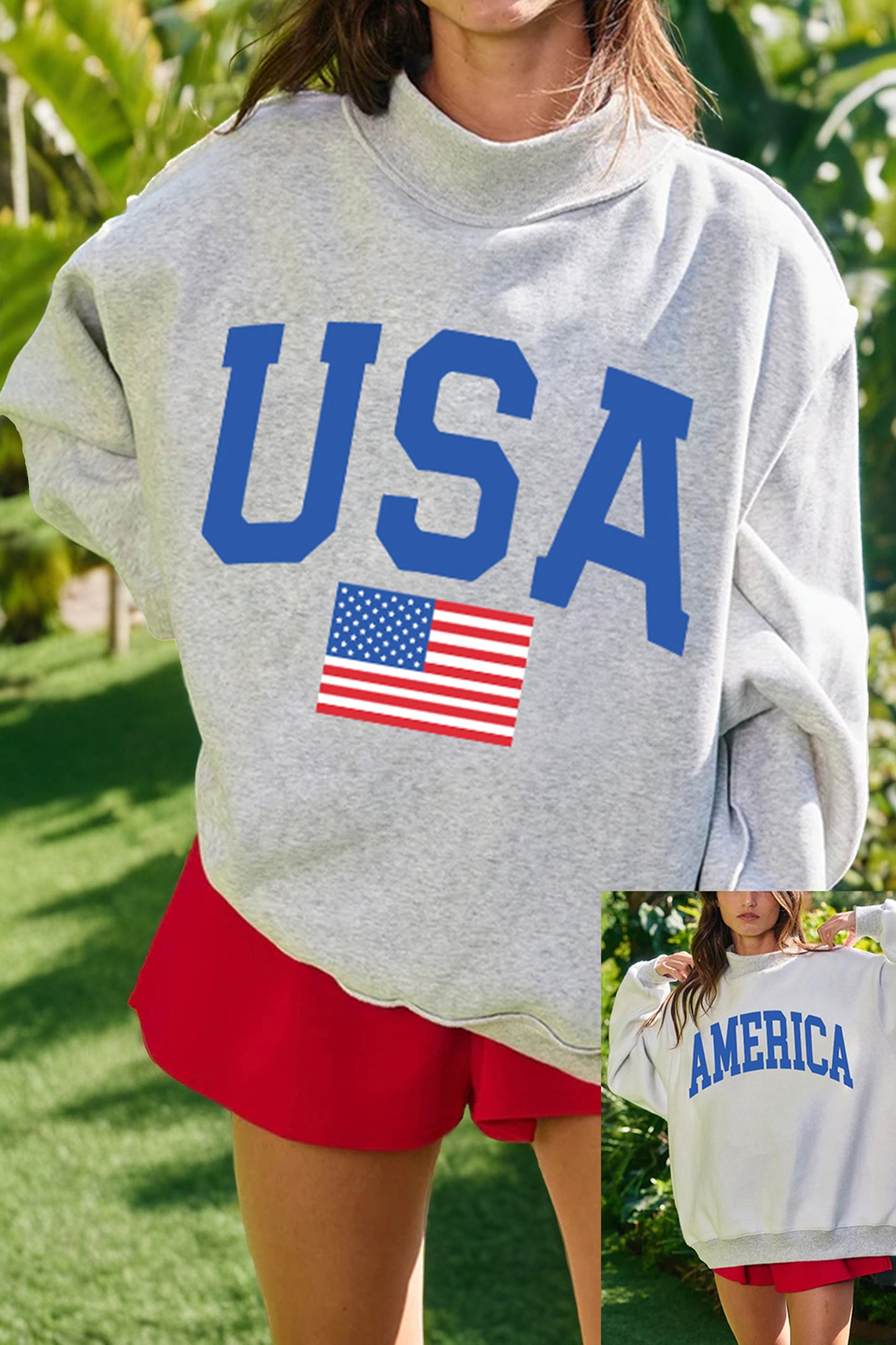 Sudadera gris claro con cuello simulado y gráfico reversible de EE. UU./América