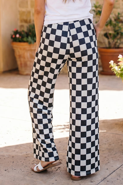 Pantalones anchos de cintura alta con estampado a cuadros de dos tonos negros