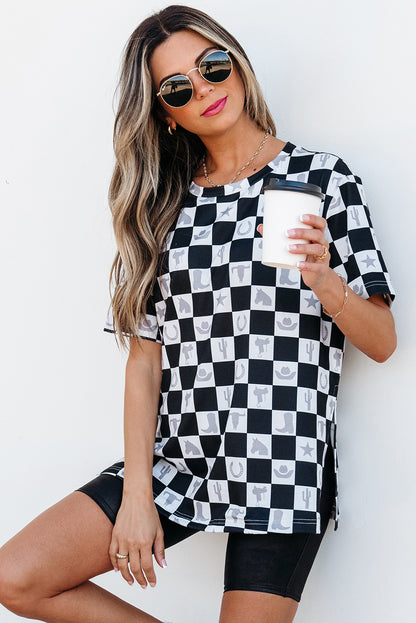Black Western Fashion Checkerboard Print Side Split T Shirt - Snoopy's Closet