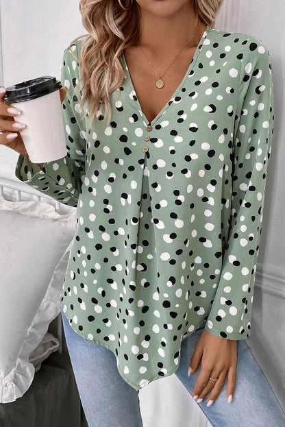 White Polka Dot Print Button Front V Neck Blouse - Snoopy's Closet