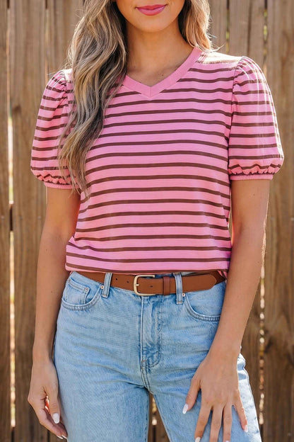 Rose Stripe Striped V-Neck Ribbed Collar Cuff Gathering Puff Sleeve Top