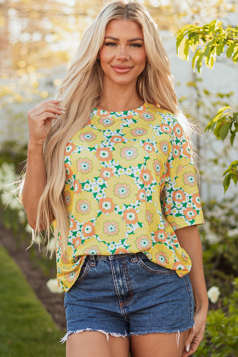 Yellow Summer Flower Printed Drop Shoulder Loose T Shirt - Snoopy's Closet