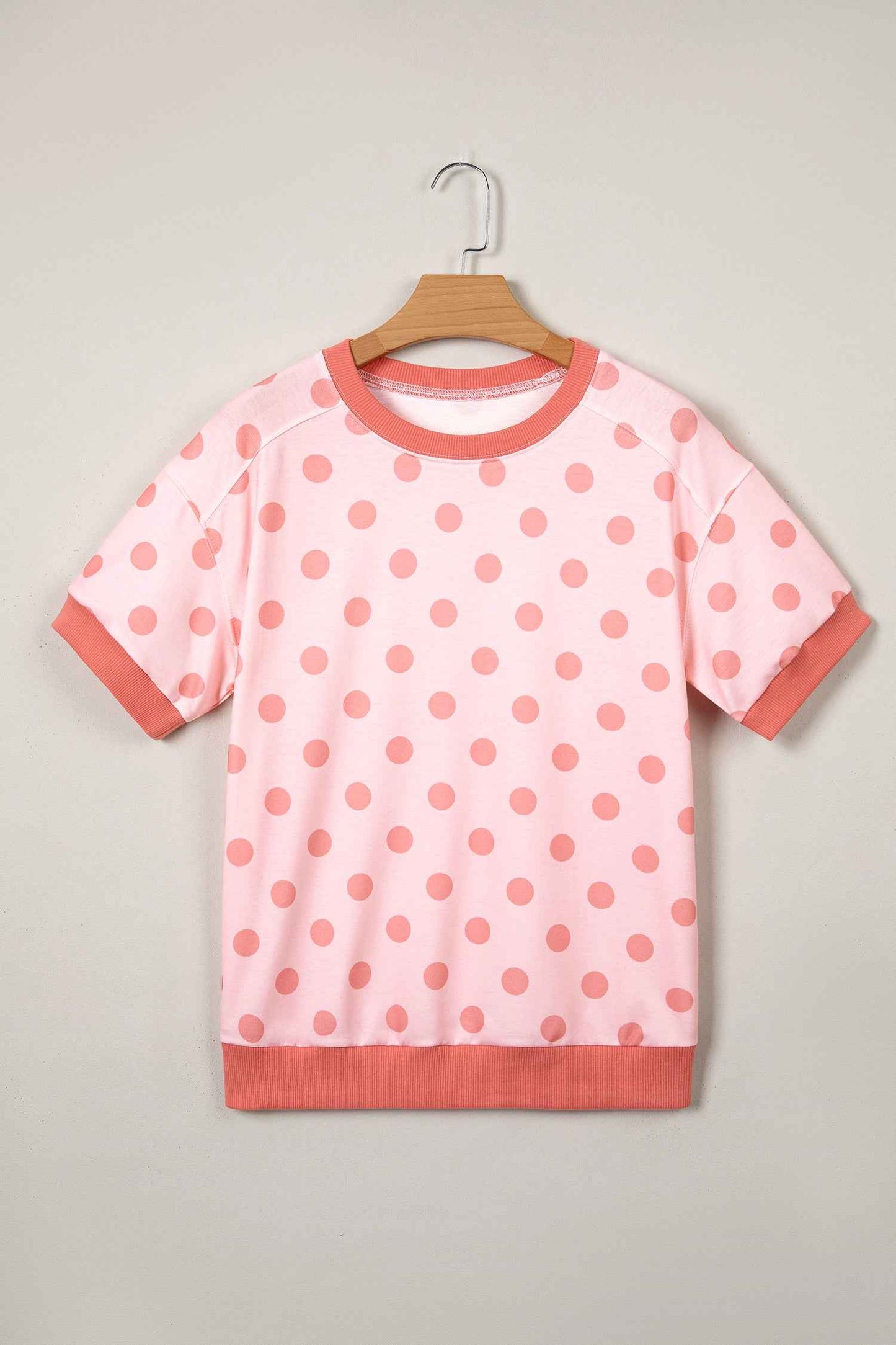 Pink Color Block Trim Polka Dot Casual Tee