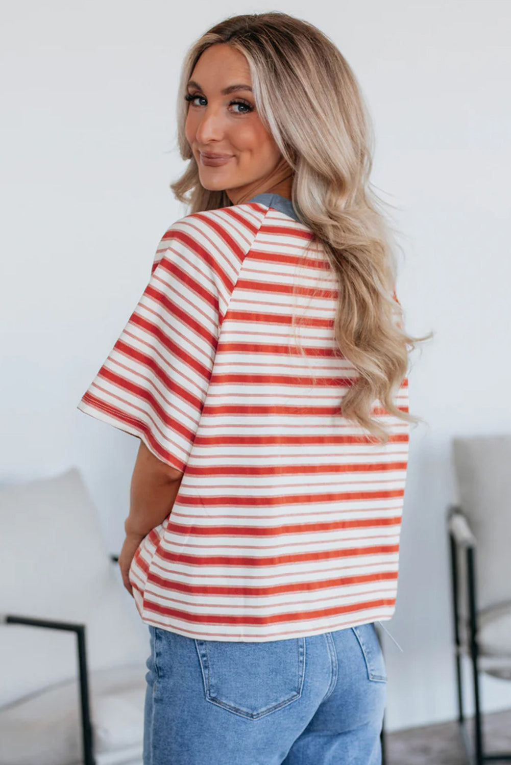Tomato Red Stripe Print Contrast Collar Raglan Sleeve T Shirt - Snoopy's Closet