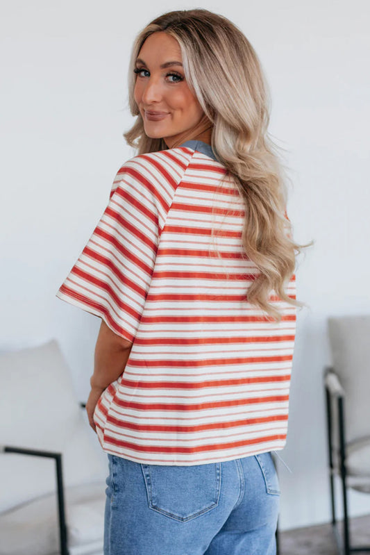 Tomato Red Stripe Print Contrast Collar Raglan Sleeve T Shirt - Snoopy's Closet