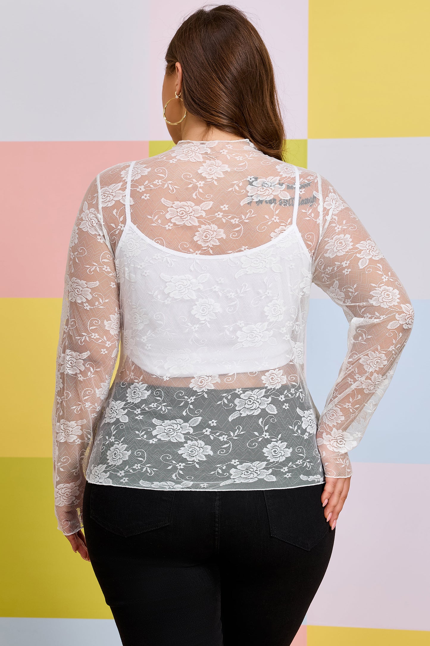White Plus Size Floral Mesh Long Sleeve Top - Snoopy's Closet