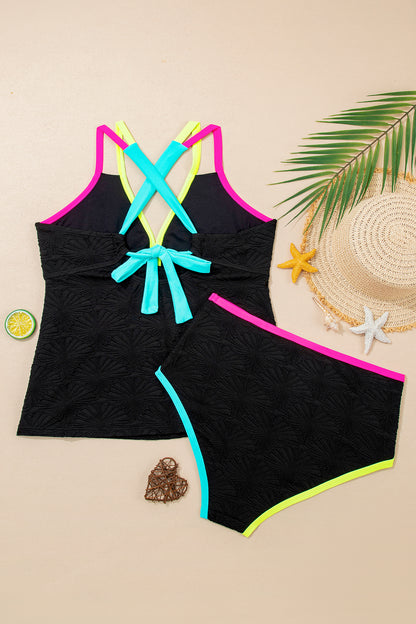 Black Floral Textured Neon Trim V Neck Crisscross Backless Tankini Set - Snoopy's Closet