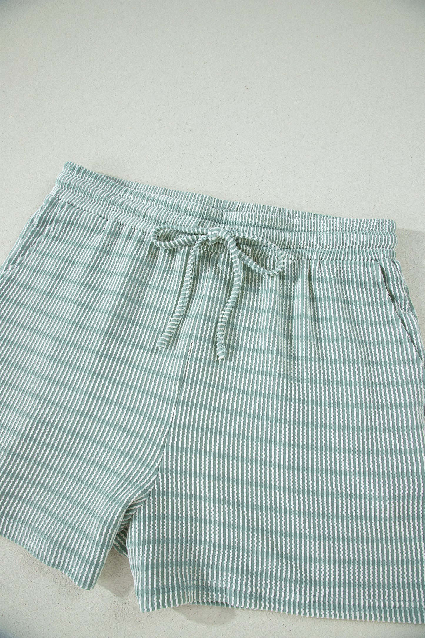 Green Stripe Raised Rib Loose Tee Drawstring Elastic Waist 2pcs Short Set