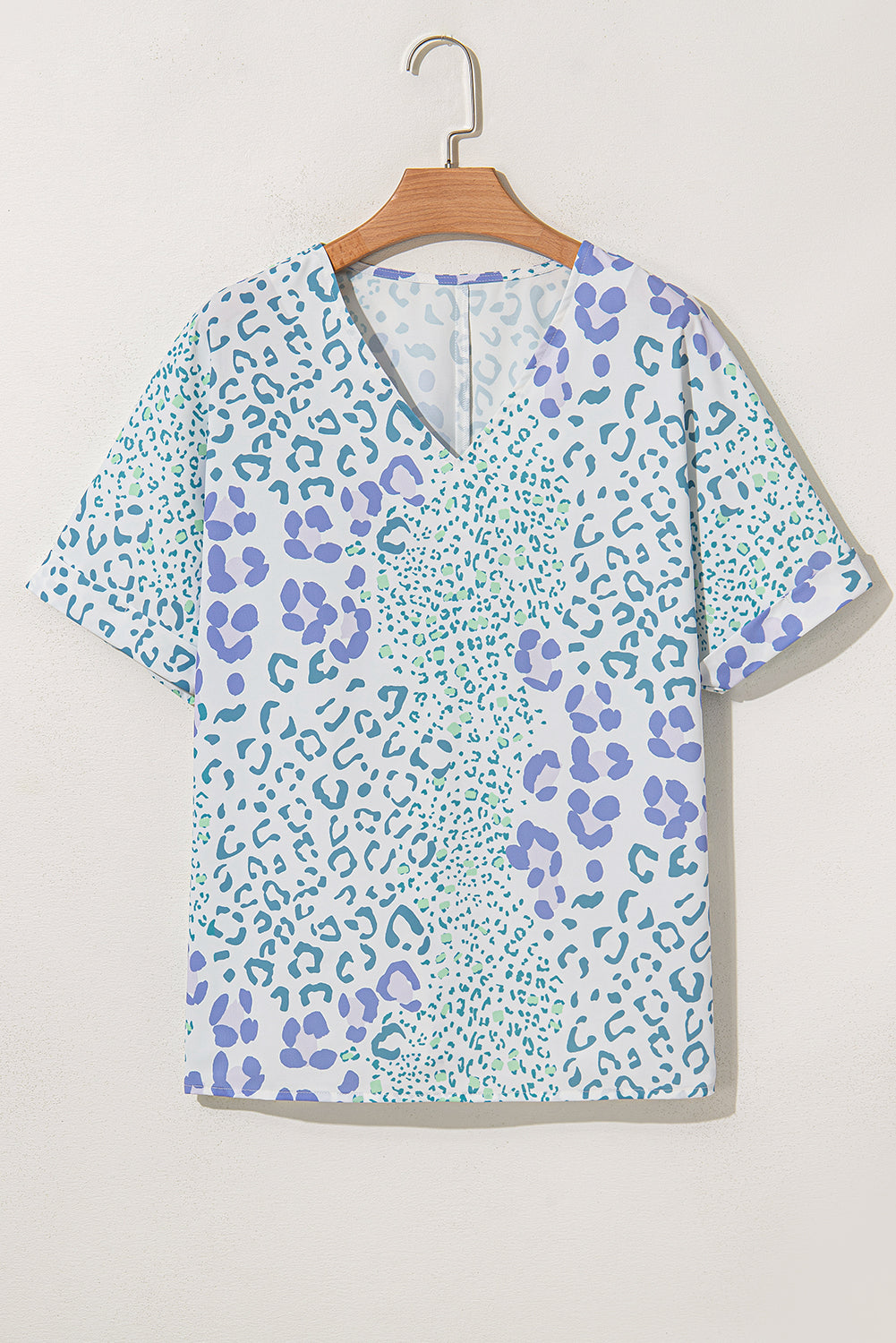 Sky Blue Mixed Leopard Print V Neck Short Sleeve Blouse - Snoopy's Closet
