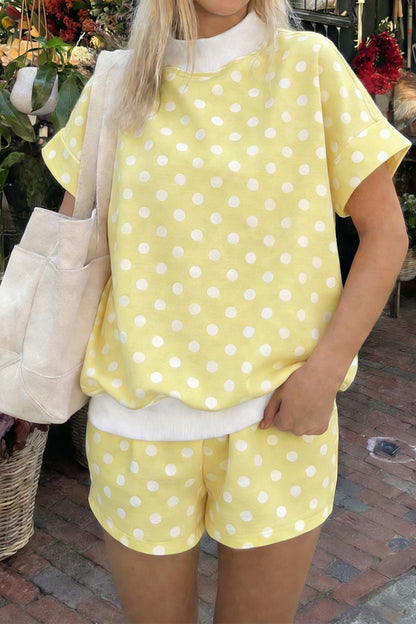 Sky Blue Polka Dot Print Color Block Trim Mock Neck Short Set - Snoopy's Closet