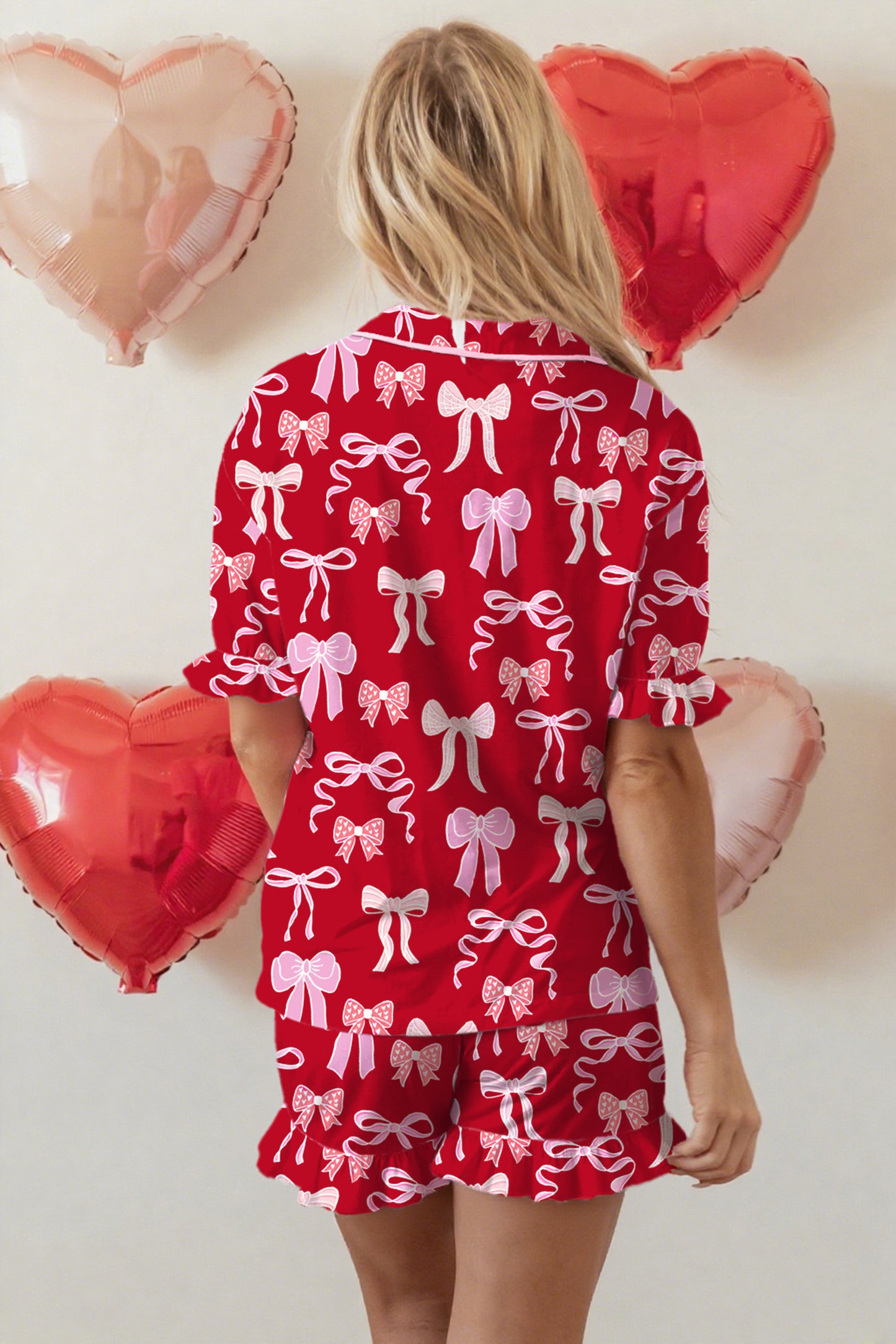 Red Sweet Bow Print Ruffled Short Sleeve Shirt Shorts 2pcs Pajama Set - Snoopy's Closet
