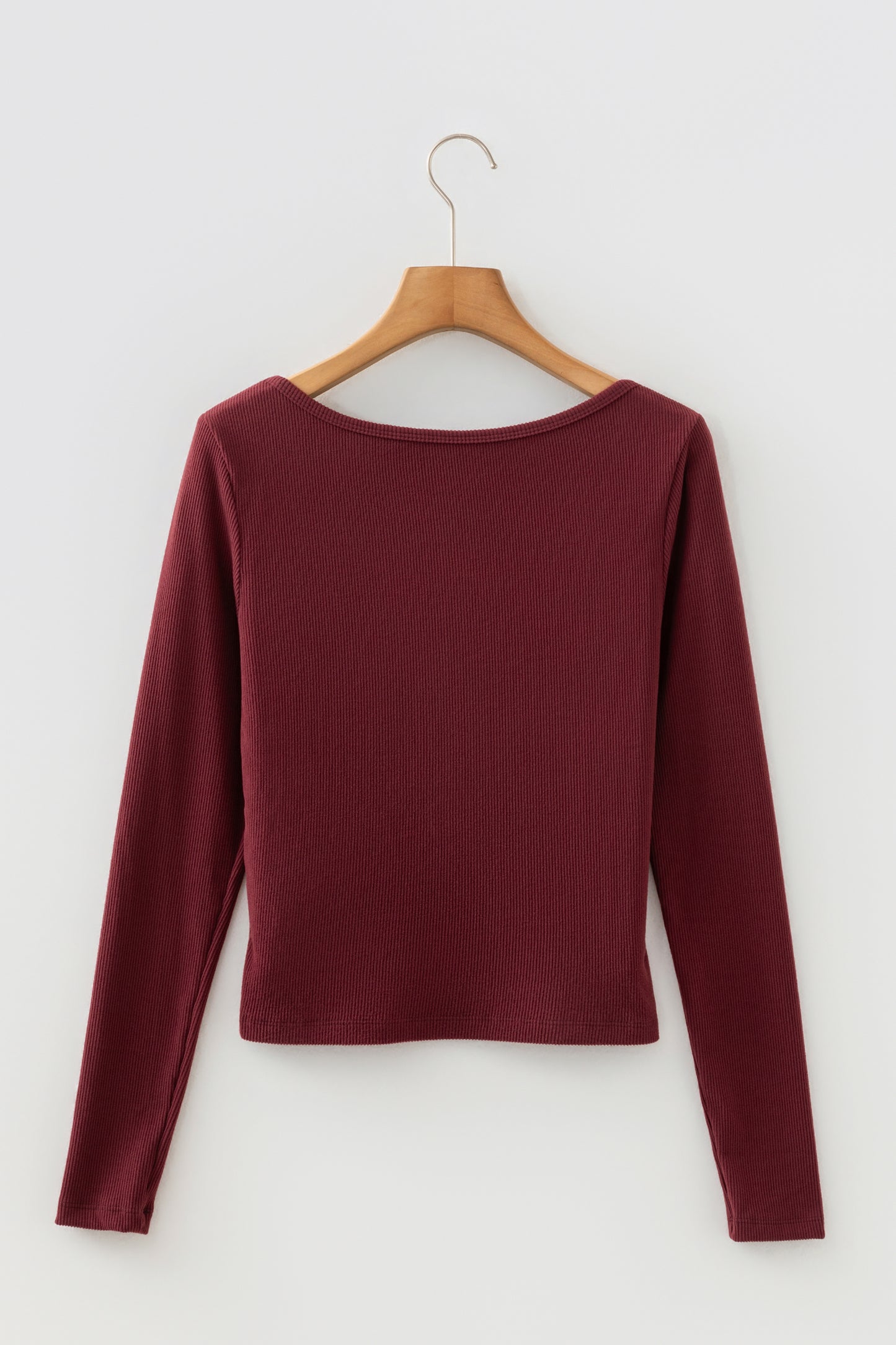 Coffee Ribbed Solid Color U Neck Cropped Long Sleeve Top - Snoopy's Closet