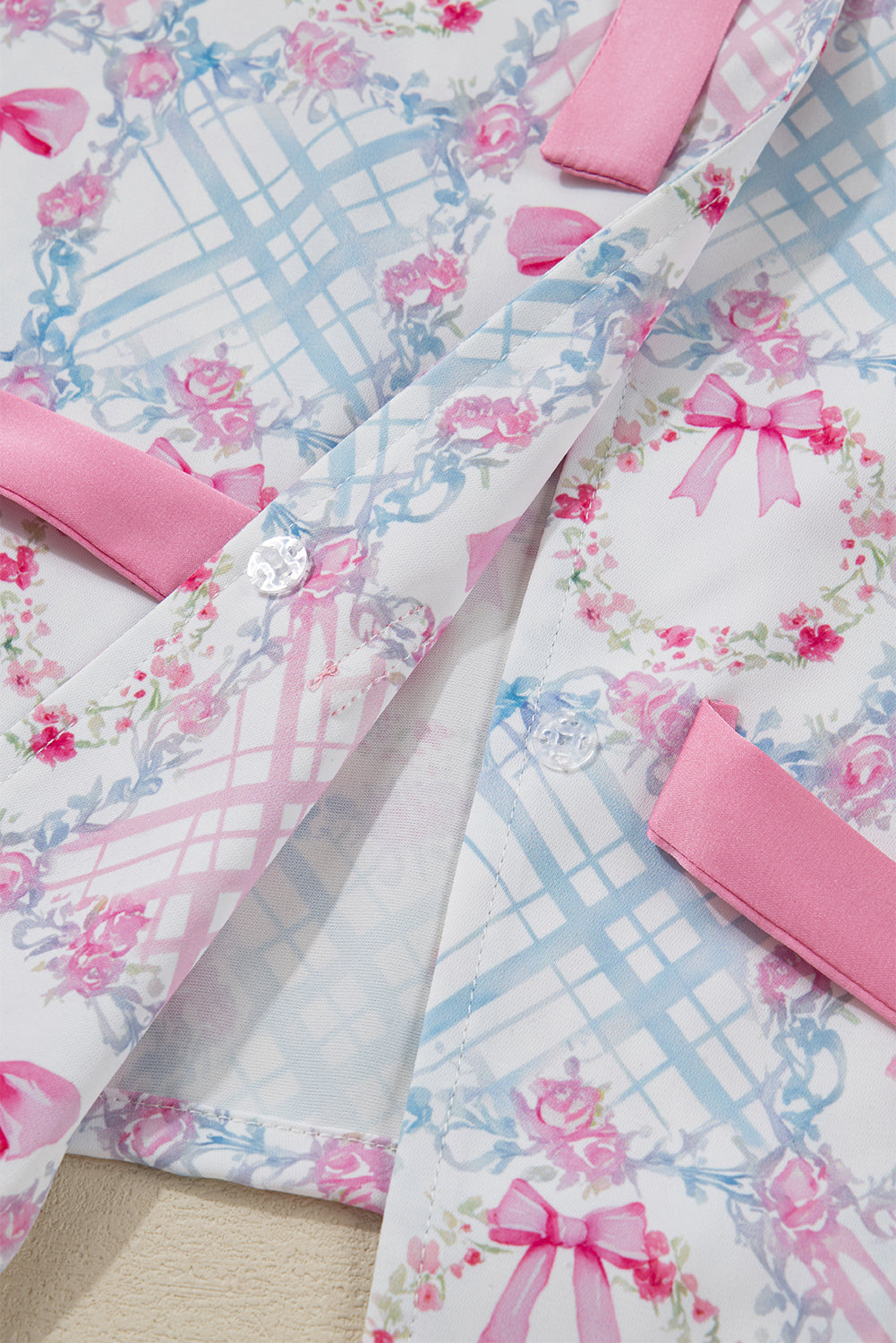 Pink Bow Wreath Pattern Christmas Holiday Tied Front Long Sleeve 2pcs Pajama Set - Snoopy's Closet