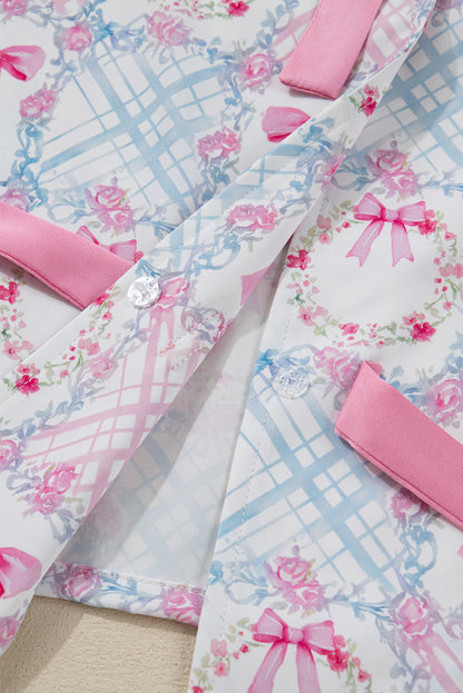 Pink Bow Wreath Pattern Christmas Holiday Tied Front Long Sleeve 2pcs Pajama Set - Snoopy's Closet