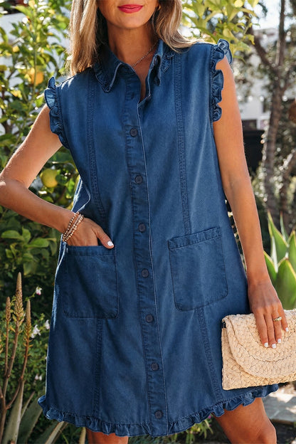 Vestido vaquero azul marinero con cuello, ribete con volantes y bolsillos