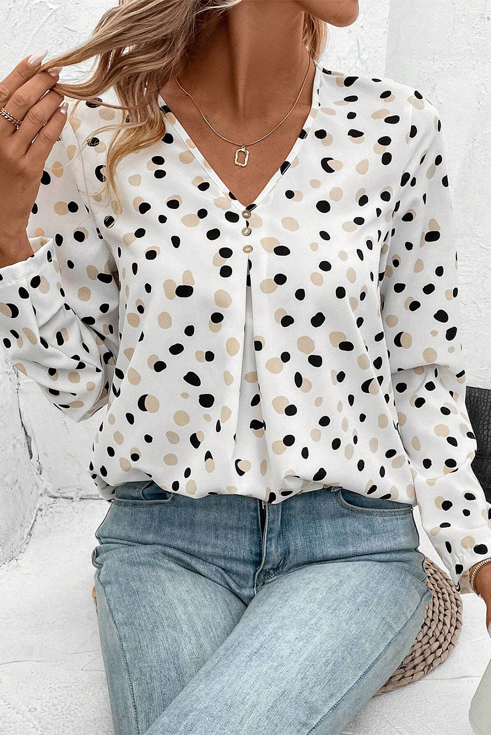 White Polka Dot Print Button Front V Neck Blouse - Snoopy's Closet