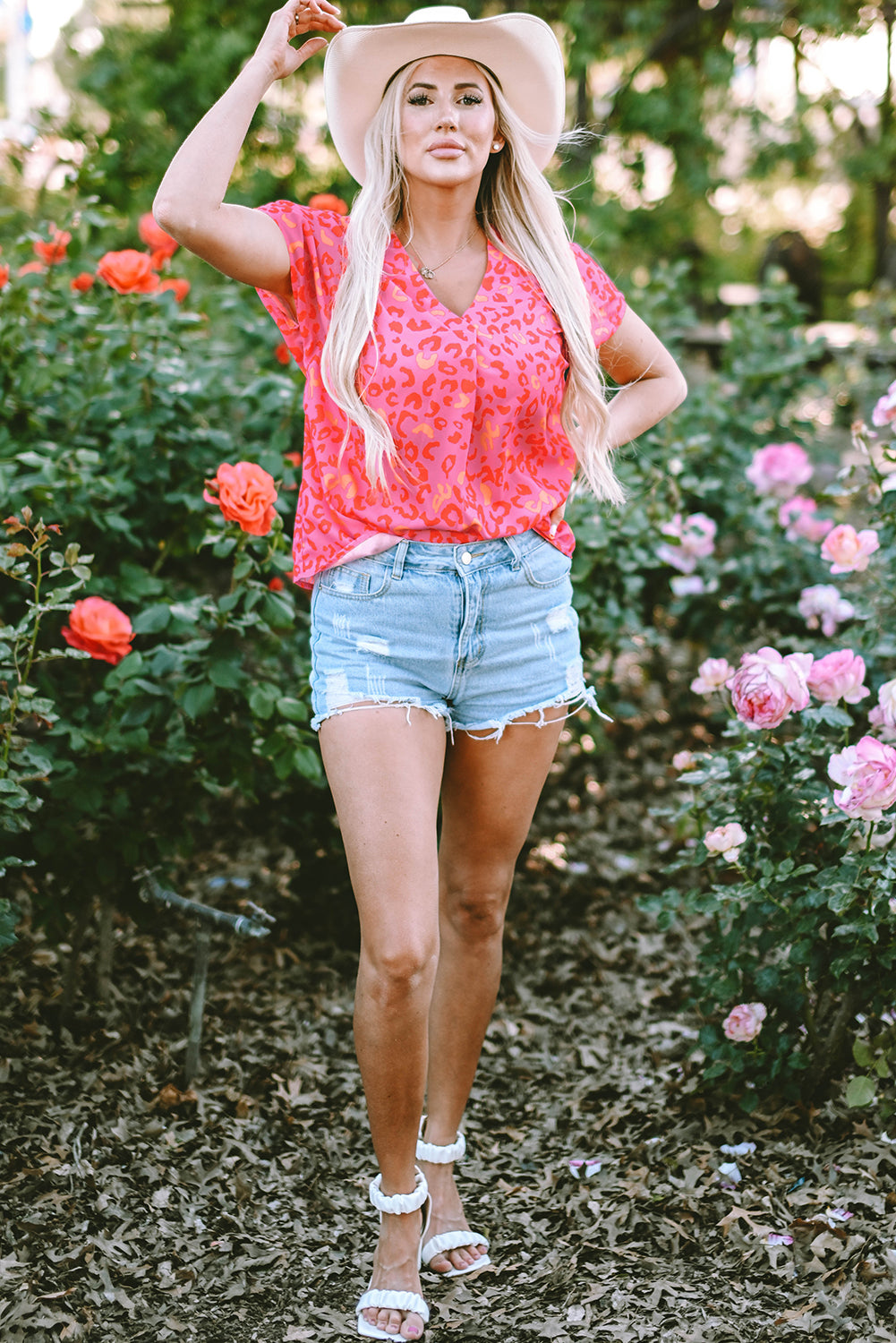 Pink Leopard V Neck Short Sleeve Blouse - Snoopy's Closet