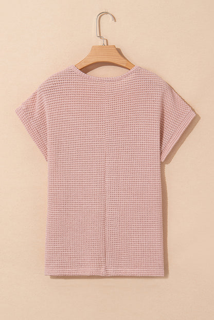 Light Pink Lace Patchwork Waffle Short Sleeve Top - Snoopy's Closet