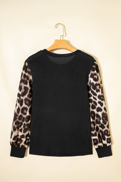 Khaki Leopard Puff Sleeve Patchwork Top - Snoopy's Closet