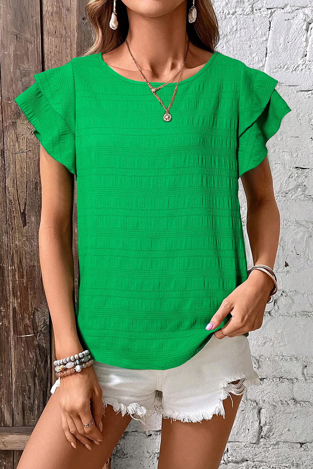 Dark Green Textured Ruffled Sleeve Round Neck Top - Snoopy's Closet