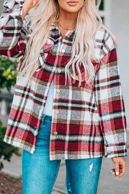 Chaqueta camisa con estampado a cuadros geométricos rojos intensos y bolsillos