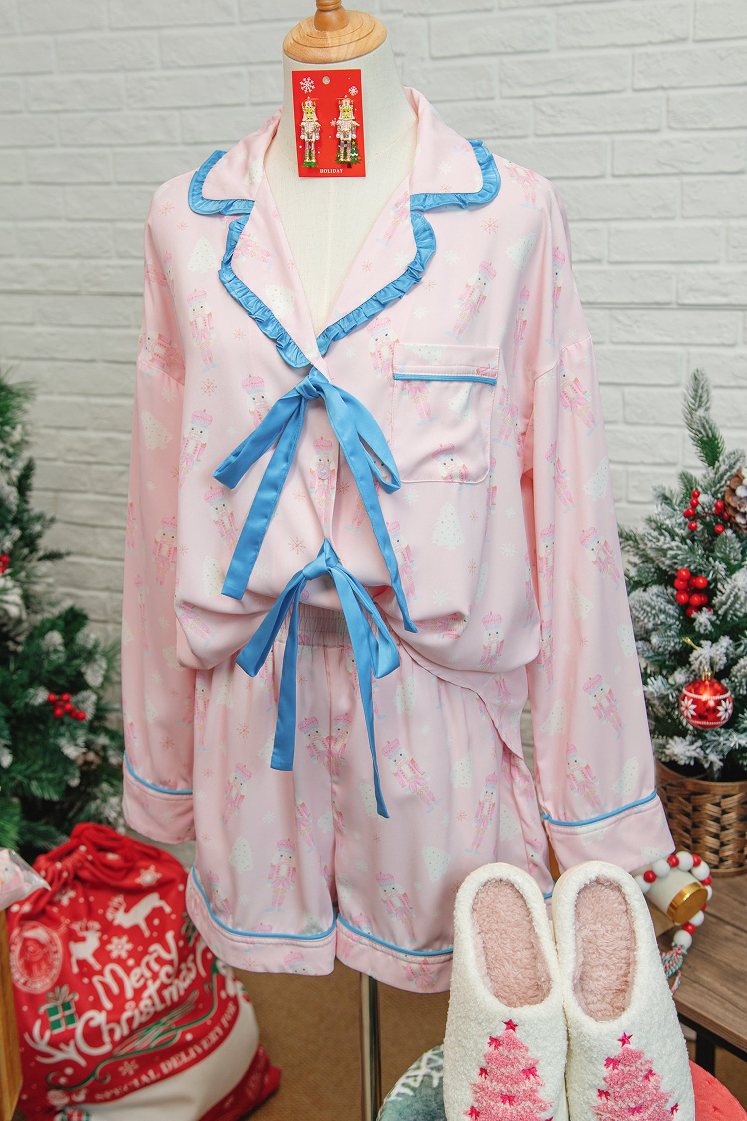 Pink Bow Tie Front Christmas Nutcracker Long Sleeve Shirt Shorts Pajama Set - Snoopy's Closet